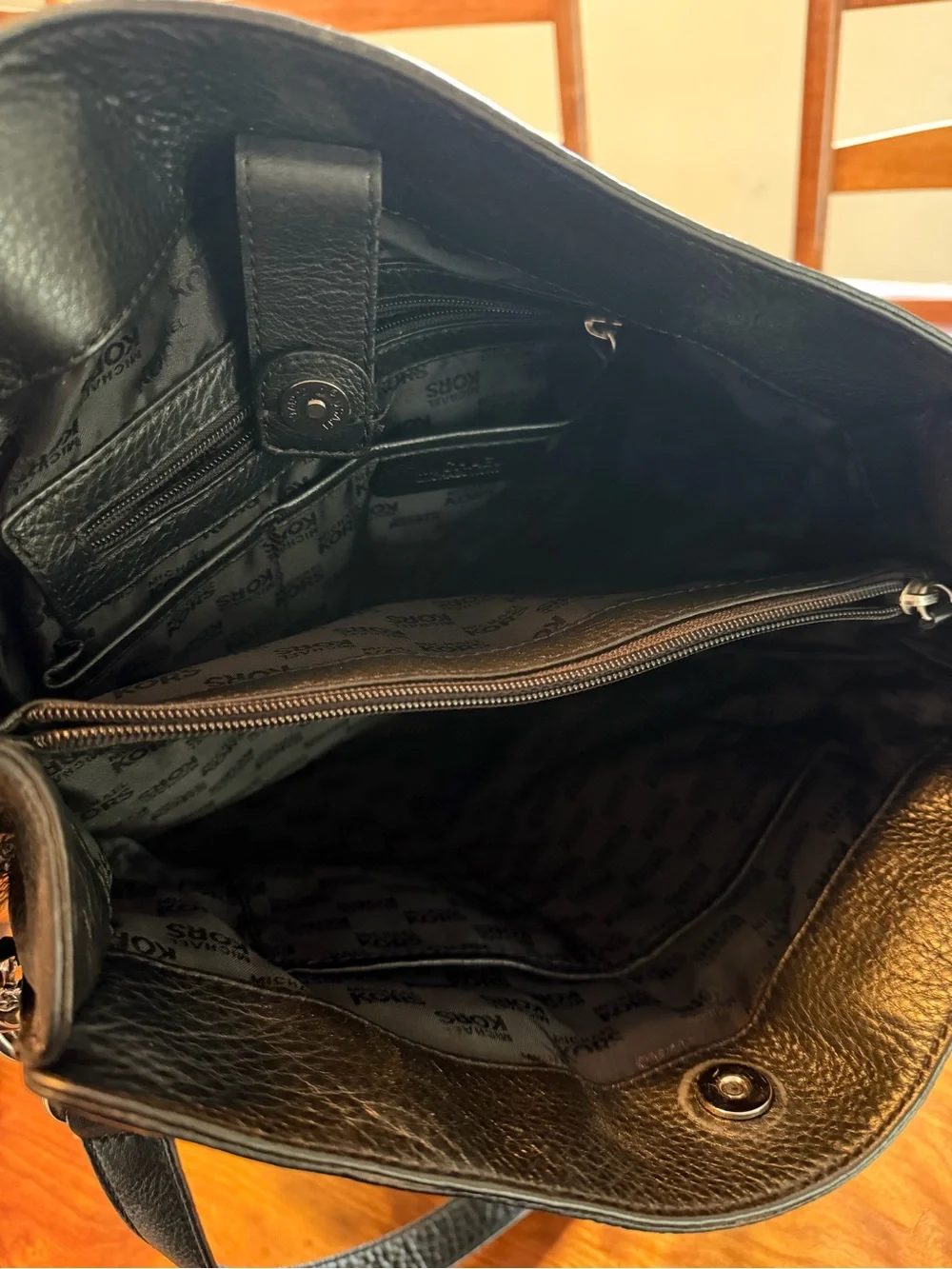 Michael Kors Black Leather Satchel with Silver Chain Accent